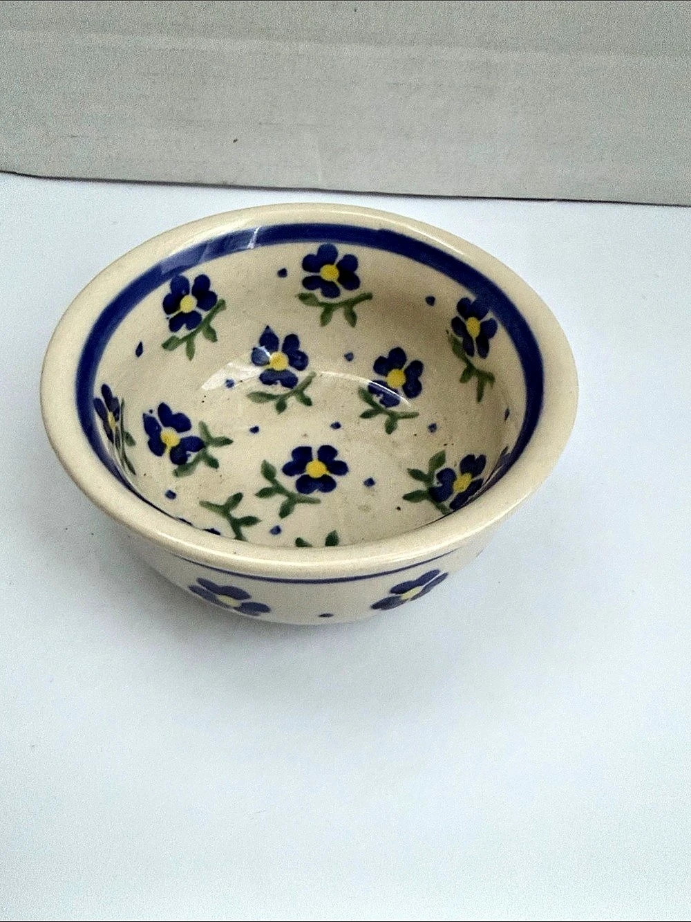Boleslawiec Floral Ceramic Bowl in Cream & Blue made in Poland